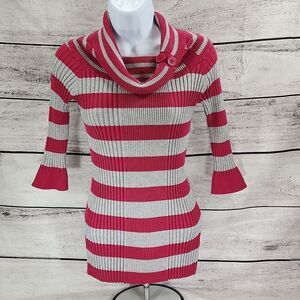 💚Pink Rose Gray & Pink Striped Button Cowl Neck 3/4 Sleeve Sweater Large